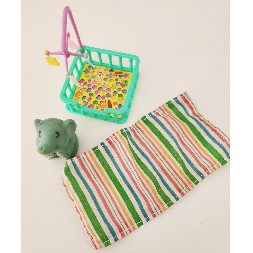 Vintage Miniature Nursery Playpen Crib Lot Elephant Figure Mobile Blanket